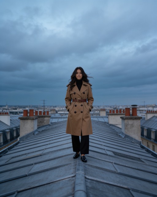 AI-generated campaign image 01: Camila Reyes, standing far off on the zinc rooftops, wide