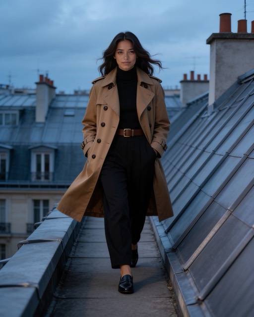 AI-generated campaign image 02: Camila Reyes, walking along a rooftop walkway