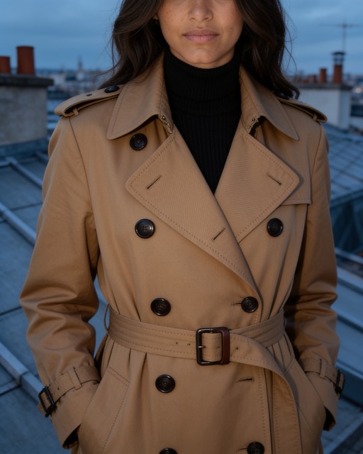 AI-generated campaign image 06: Camila Reyes, detail of horn buttons and lapel